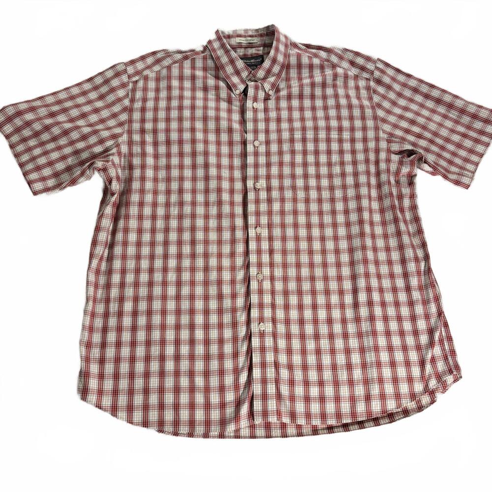 Eddie Bauer Mens Short Sleeve Button Up Plaid 100% Cotton‎ Size XL Wrinkle Free